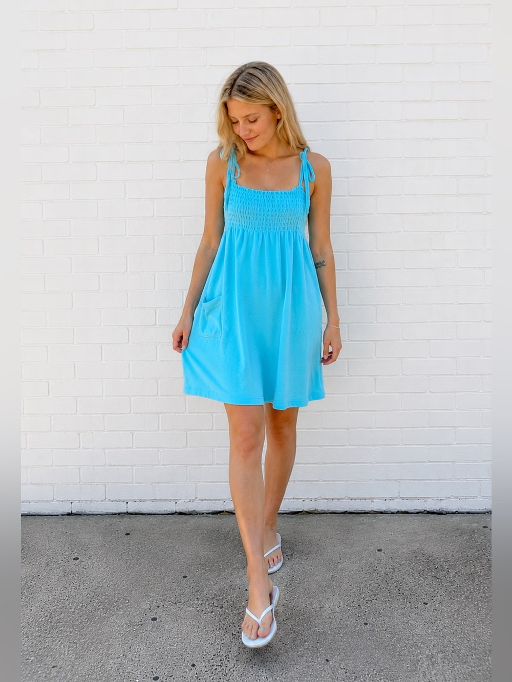 Vintage Y2K Smocked Lounge Dress Spa Pool Cover Up Terry Cloth Blue Medium 00s